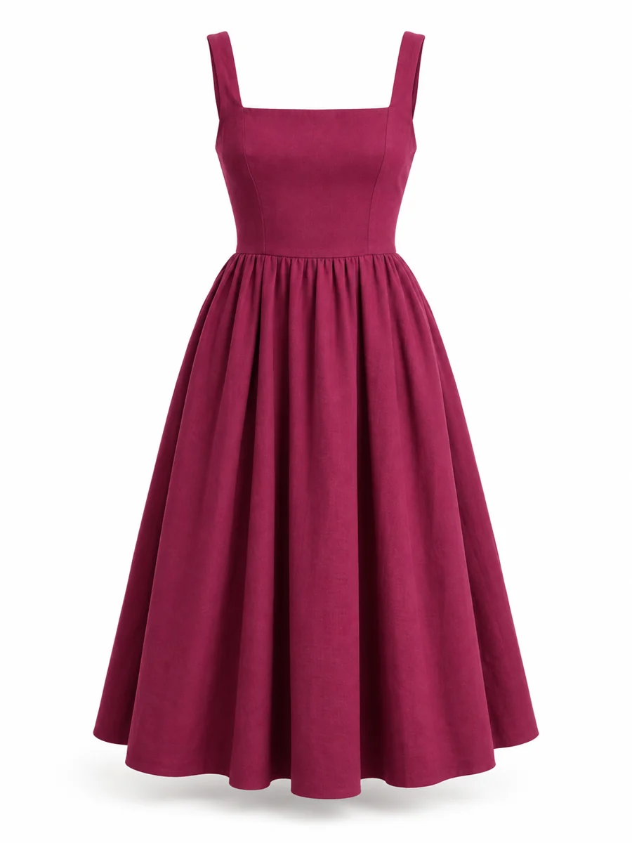Square-neck day dress, shown in Berry