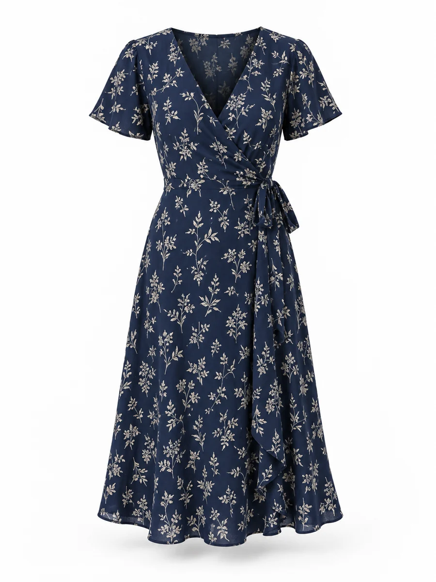 Printed wrap midi dress, shown in Navy