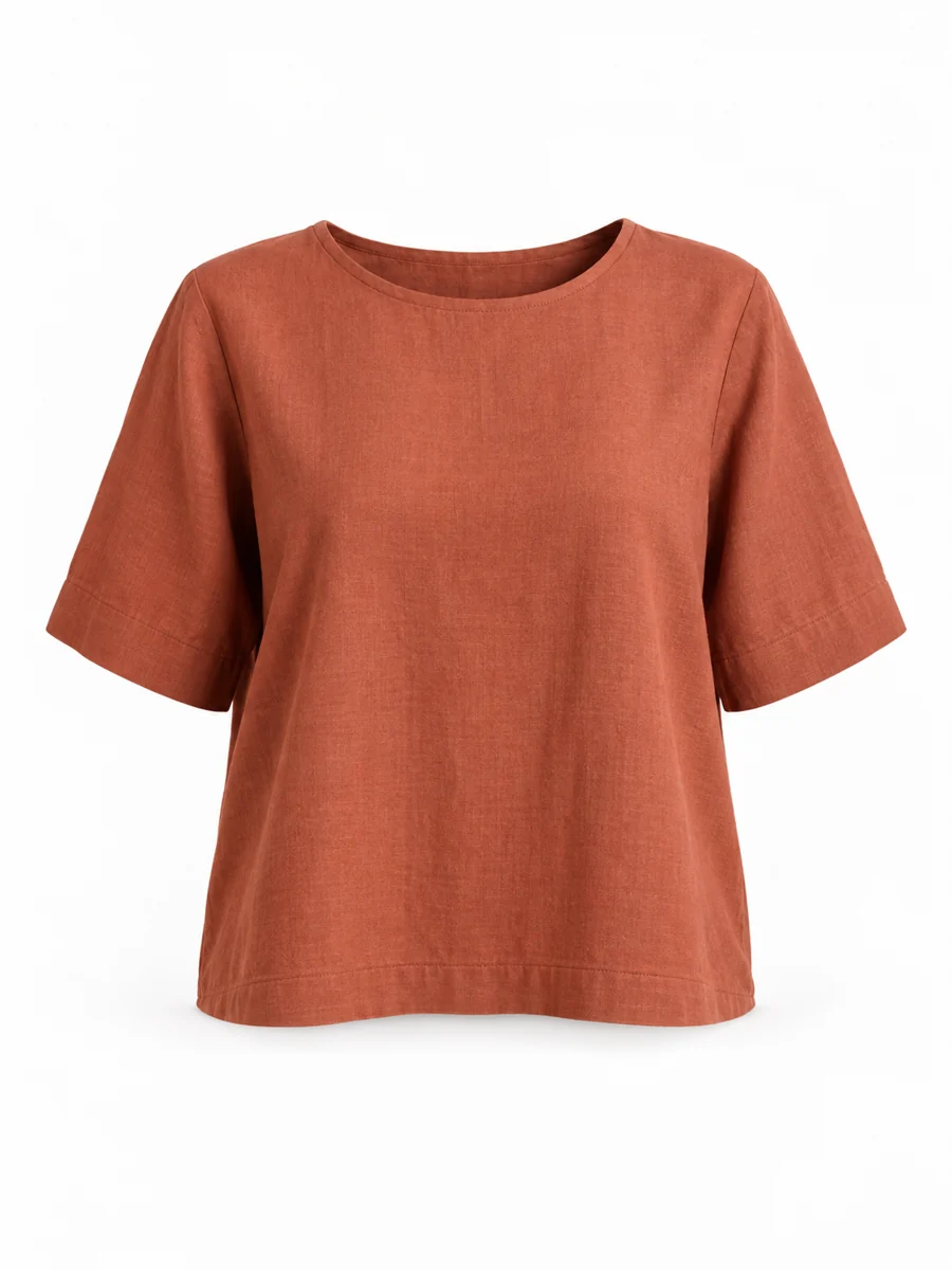 Boxy short-sleeve top, shown in Terracotta